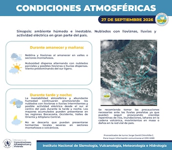 Infografía meteorológica con texto sobre el clima en Guatemala, íconos del tiempo y una imagen satelital del territorio cubierto por nubes