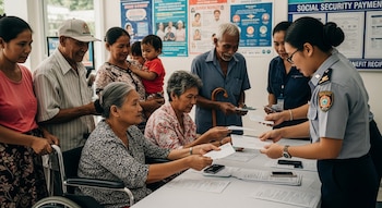 Un grupo de personas, incluidos ancianos y una mujer en silla de ruedas, reciben documentos de dos oficiales uniformadas en una mesa blanca.