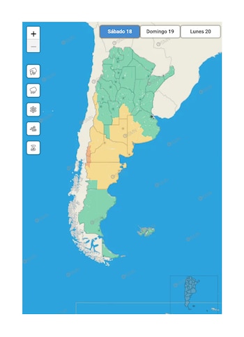 Mapa meteorológico de Argentina con regiones coloreadas en verde, amarillo y rojo, indicando un pronóstico. La etiqueta 'Sábado 18' está seleccionada