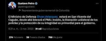 Casi 80 policías siguen secuestrados en el Caguán, Gustavo Petro pidió la intervención de la Cruz Roja
