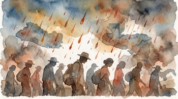 Ilustración de acuarela con una fila de campesinos cargando bultos, gotas de fuego cayendo, cielo ocre y azul, siluetas de mapas de El Salvador y Honduras, humo.