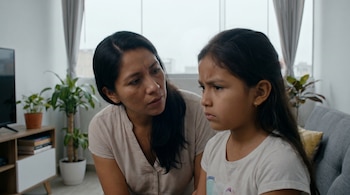 Fotografía de una mujer adulta con cabello oscuro escuchando a una niña con expresión seria, ambas en primer plano dentro de una sala de estar con luz natural.