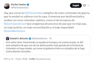 El exvicepresidente de la República durante los dos mandatos consecutivos de Álvaro Uribe Vélez señaló que el organismo ha otorgado contratos a familiares de políticos cercanos a la izquierda - crédito @PachoSantosC/X