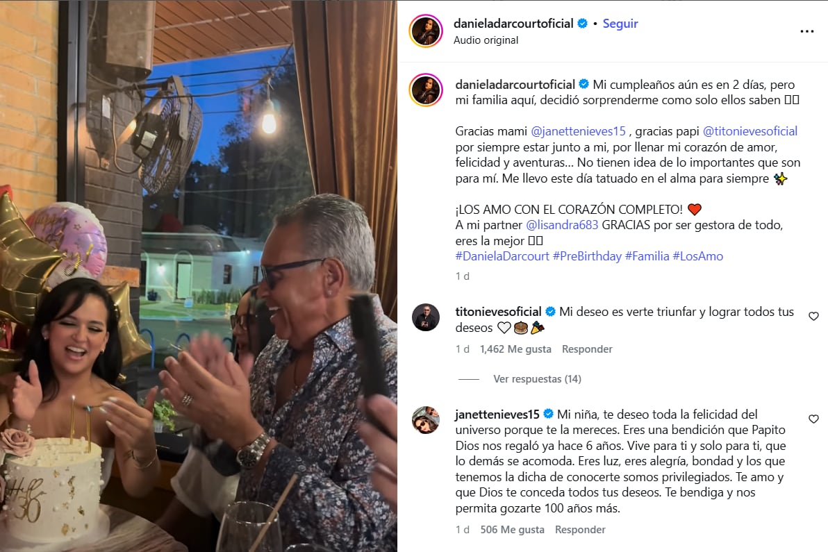 La celebración anticipada de los 30 años de Daniela Darcourt refuerza el lazo familiar que la une a Tito Nieves y Janette Nieves. (Instagram Daniela Darcourt)