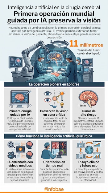 Infografía con ilustraciones de cirujanos, un brazo robótico, un cerebro, un monitor quirúrgico y bloques de texto explicativos sobre la cirugía.