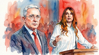 Ilustración estilo acuarela de Álvaro Uribe con traje oscuro y corbata roja, y Paloma Valencia con cabello largo y blusa blanca, hablando en un podio.
