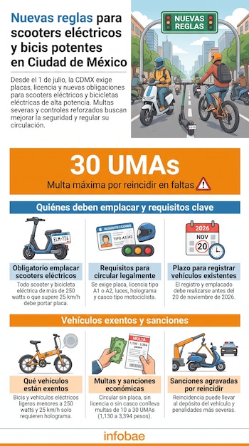 Infografía con ilustraciones de scooters y bicicletas eléctricas, señales de tránsito, un calendario, documentos y dinero, sobre la regulación de movilidad.