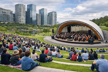 Multitud sentada en gradas verdes y césped observa una orquesta sinfónica en un anfiteatro al aire libre; modernos edificios y un lago visibles al fondo.