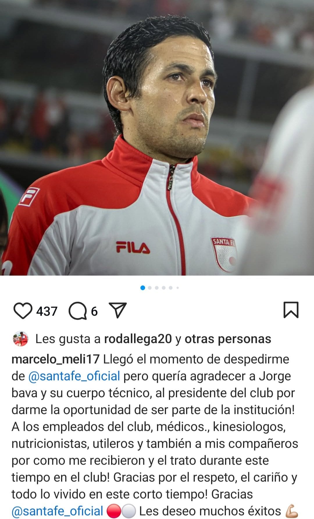 Marcelo Meli se despede do Independiente Santa Fe após passagem curta e crítica pelo clube - Crédito Instagram