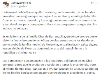 El presidente de la República atribuyó el deterioro de la seguridad en la capital del Atlántico a un esquema de financiación y cobro agresivo que, conforme a su versión, rodea a la familia del alcalde local - crédito @petrgustavo/X