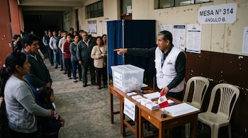 Un hombre con chaleco blanco señala a una fila de personas frente a una mesa de votación con ánfora, cédulas y sillas plásticas.