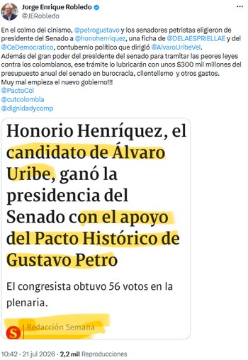 Jorge Enrique Robledo denunció “contubernio” político tras elección de Honorio Henríquez - crédito @JERobledo/X