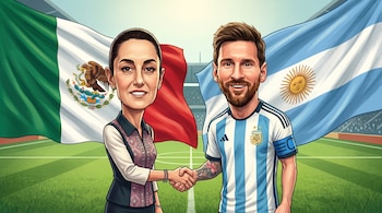 Caricaturas de Claudia Sheinbaum y Lionel Messi dándose la mano en una cancha de fútbol, con banderas de México y Argentina al fondo.