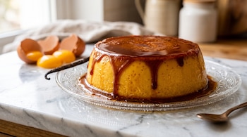 Flan con caramelo en un plato de vidrio sobre mármol, acompañado de yemas de huevo, cáscaras, una vaina de vainilla y una cuchara.