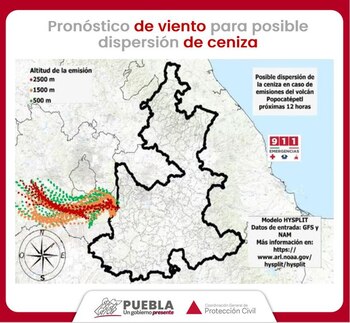 Mapa que muestra la dirección que podrían tomar las emisiones del volcán Popocatépetl este domingo 28 de julio