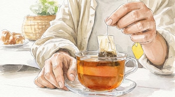 Una persona introduce una bolsa de té en una taza de vidrio con té caliente, sobre una mesa con un plato con cruasanes, una cesta y una planta.