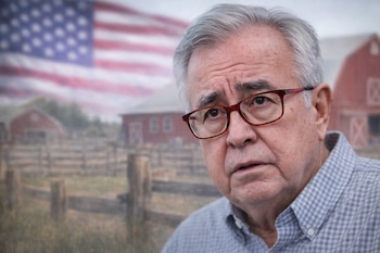 Rostro de Rubén Rocha Moya en primer plano con gafas; un rancho y la bandera de Estados Unidos horizontalmente difuminada en el fondo.