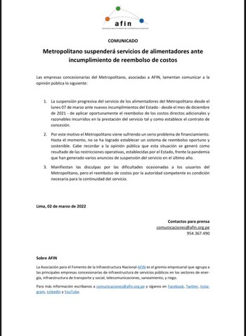 Comunicado de la Asociación para el Fomento de la Infraestructura Nacional .