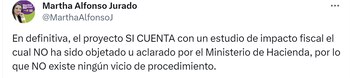 Martha Alfonso señala que sí hay estudio de impacto fiscal