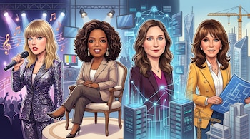 Ilustración de caricatura editorial que muestra a Taylor Swift, Oprah Winfrey, Daniela Amodei y Diane Hendricks con fondos que simbolizan la música, medios, IA y construcción.