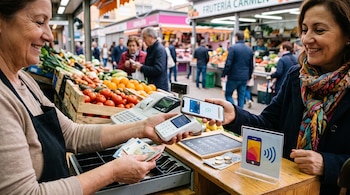 Una mujer acerca un teléfono inteligente a un datáfono frente a una vendedora con billetes de euro en la mano en un puesto de mercado.