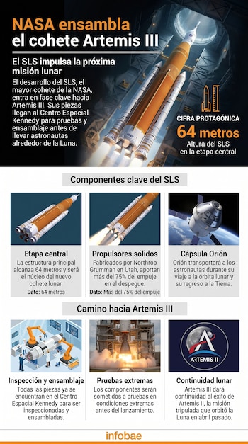 Infografía del cohete SLS de la NASA, con sus componentes (etapa central, propulsores sólidos, cápsula Orión) y el proceso de ensamblaje y pruebas para Artemis III.