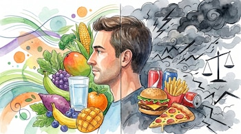 Ilustración en acuarela de un hombre de perfil dividido en dos mitades. Un lado con frutas, verduras y agua; el otro con comida rápida, refrescos y nubes oscuras.