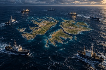 Buques pesqueros de calamar (poteros, con lámparas encendidas) y de merluza (embarcaciones congeladoras o fresqueras) rodeando las Islas Malvinas