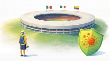 Ilustración de un hombre mirando un estadio con banderas de México, Italia y Colombia. Un escudo verde con virus anaranjados está en primer plano a la derecha.