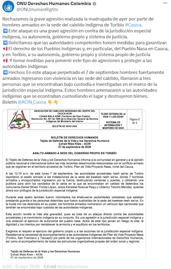 La ONU rechazó el ataque armado contra el cabildo indígena de Toribío - crédito @ONUHumanRights/X