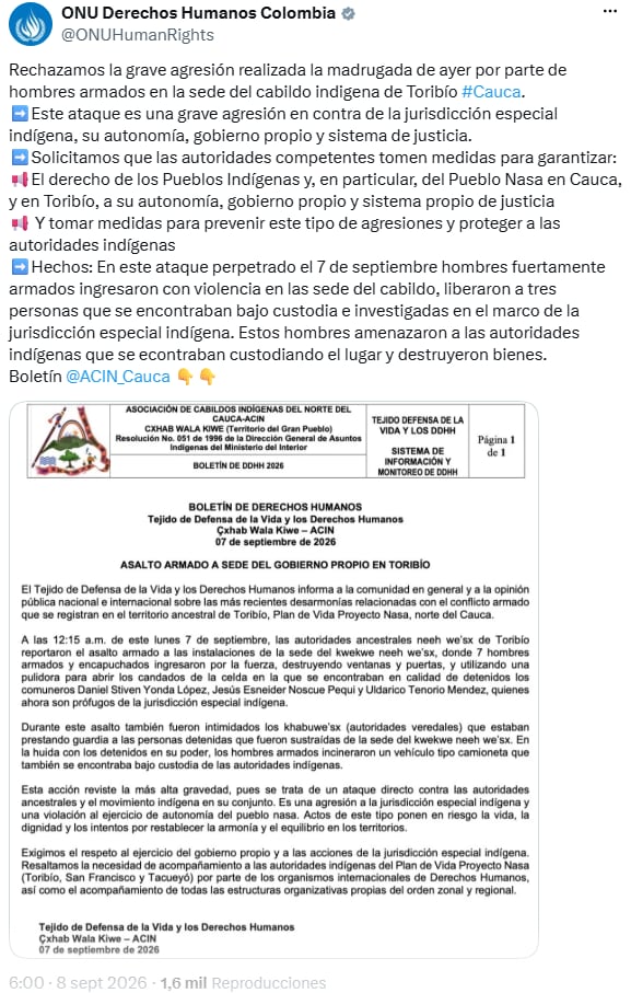 La ONU rechazó el ataque armado contra el cabildo indígena de Toribío - crédito @ONUHumanRights/X