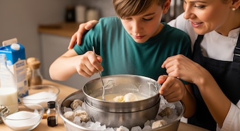 Primer plano de un niño y un adulto preparando helado casero. El niño revuelve la mezcla en un bol metálico, rodeado de hielo y sal.