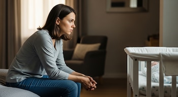 Vista lateral de una mujer con el ceño fruncido sentada en una cama mirando una cuna blanca donde duerme un bebé, con un ambiente interior tenue.