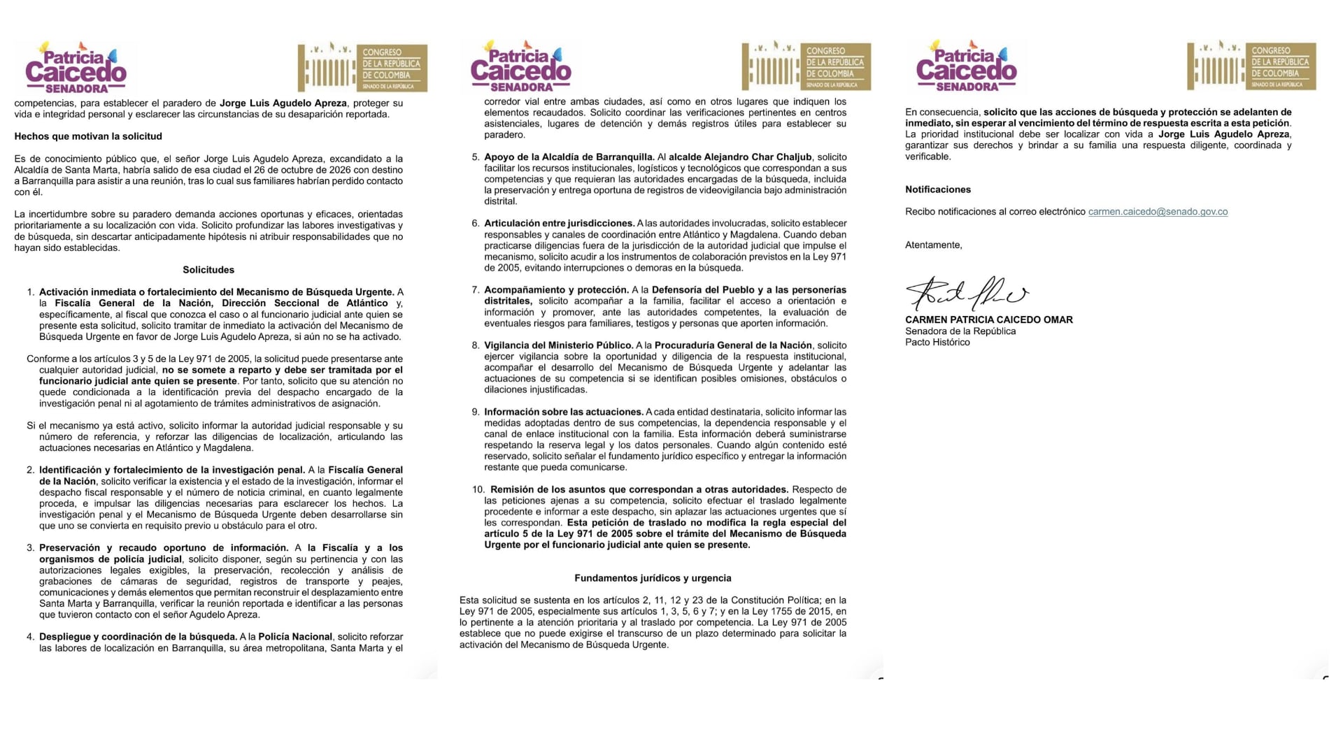 La senadora Carmen Patricia Caicedo solicitó activar el Mecanismo de Búsqueda Urgente y reforzar las acciones para reconstruir los últimos desplazamientos de Jorge Agudelo (@patcaicedo/X)