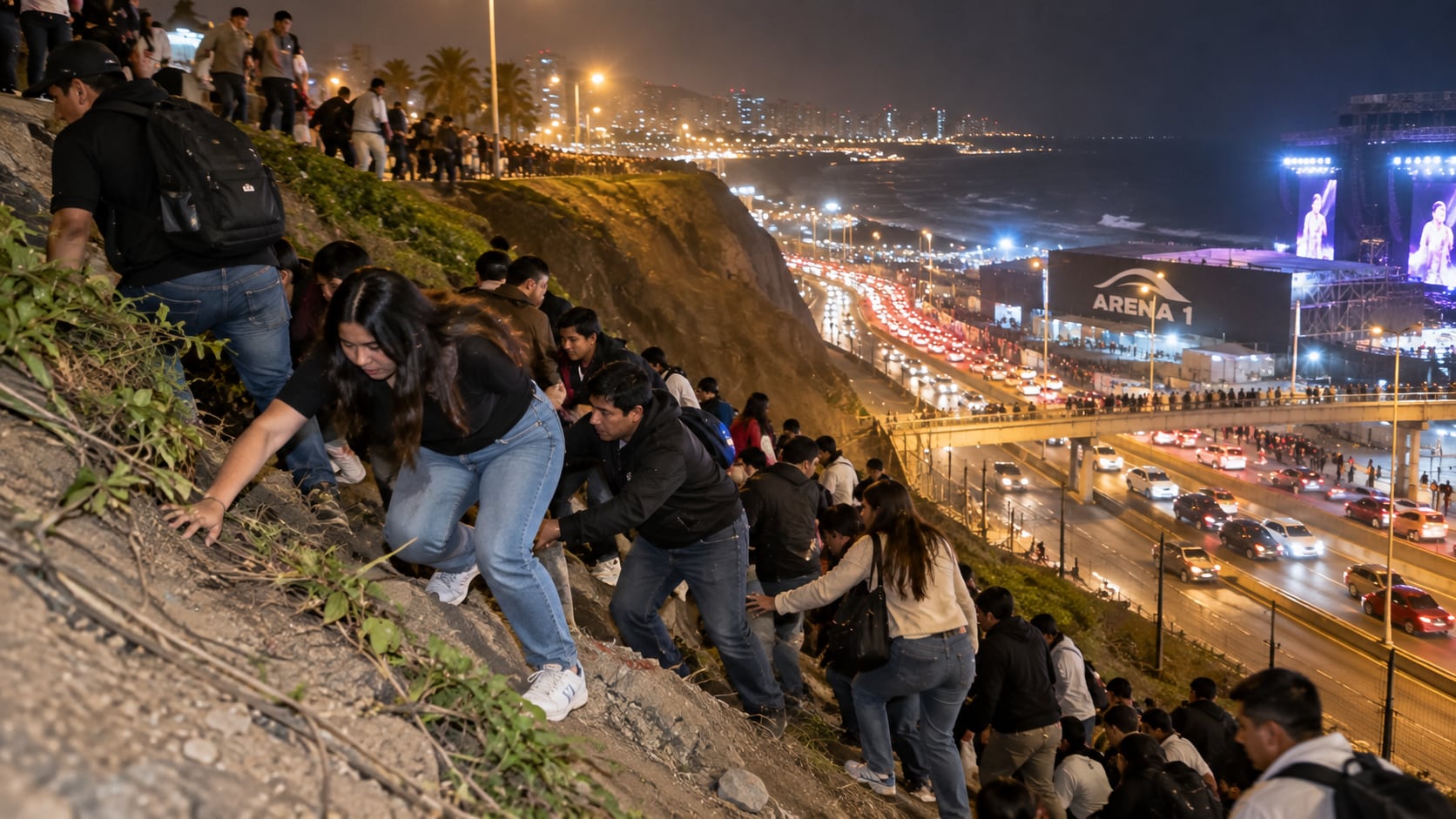 Varias personas escalan una pendiente del acantilado en la Costa Verde para observar un concierto en el recinto Arena 1. (Imagen Ilustrativa Infobae)