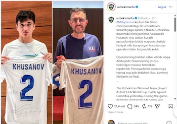 Representantes de la delegación de Uzbekistán le hicieron llegar una camiseta firmada por Khusanov como disculpa tras el golpe que recibió en medio del partido - crédito @uzbekistanfa/Instagram
