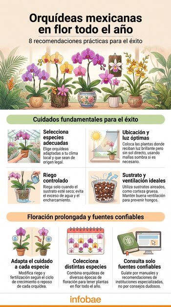 Título Orquídeas mexicanas en flor todo el año, 8 recomendaciones, ilustraciones de orquídeas, invernadero, regadera, sustrato, calendario, libro, pantalla, logo Infobae.