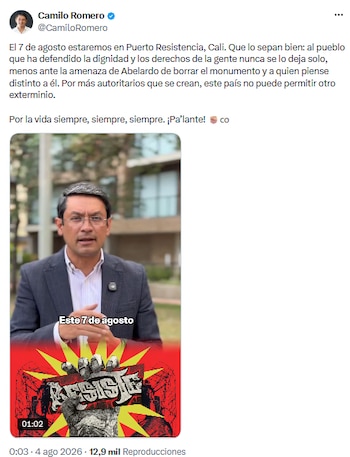 Camilo Romero llamó a movilización en Cali el 7 de agosto, destacó el valor del Monumento de la Resistencia - crédito @CamiloRomero/X