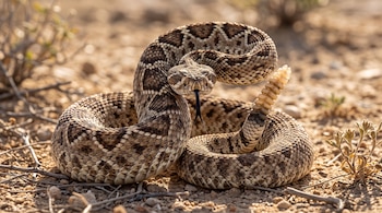 Una serpiente de cascabel enroscada en la tierra seca con la lengua afuera y el cascabel levantado junto a vegetación escasa.