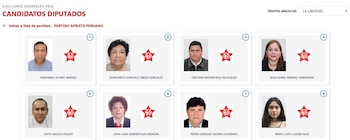 Pantalla de sitio web mostrando ocho fotos de candidatos a diputados del Partido Aprista Peruano por La Libertad con sus nombres y el logo del partido