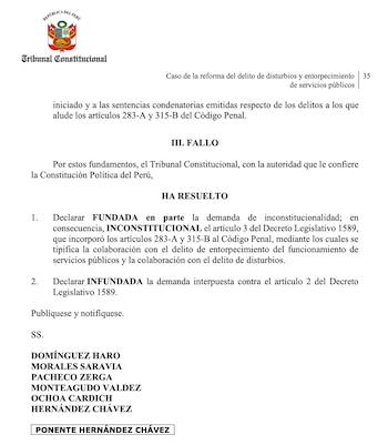 Documento oficial del Tribunal Constitucional del Perú con el fallo de una resolución judicial que declara inconstitucional un artículo de ley