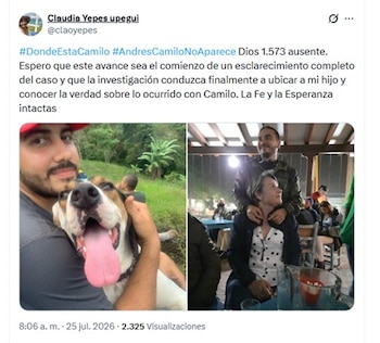 La mamá de Peláez Yepes, Claudia, no pierde la esperanza de encontrar a su hijo - crédito @claoyepes/X