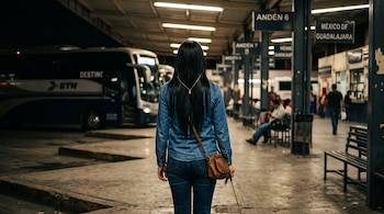 Vista posterior de una mujer con blusa de mezclilla en una terminal de autobuses con letreros de andenes y un vehículo al fondo.