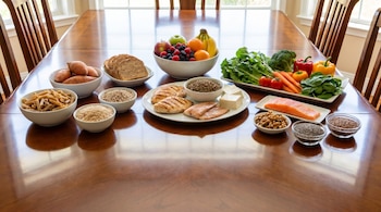 Mesa de madera con gran variedad de alimentos saludables: frutas (manzanas, plátanos, bayas), verduras frescas, pollo, salmón, tofu, granos y semillas.