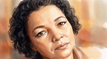 Ilustración digital de una mujer con cabello rizado oscuro, piel canela clara, ojos marrones con delineado negro, y un fondo difuminado de acuarela.