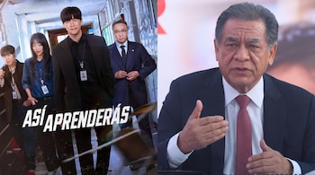 Afiche promocional con cuatro personas y el texto Así aprenderás junto a la foto de un hombre con traje y corbata roja que mueve las manos.