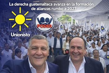 Dos hombres sonrientes en primer plano, con un fondo de una gran multitud de personas que sostienen banderas blancas con el logo del partido Unionista, bajo una lona.