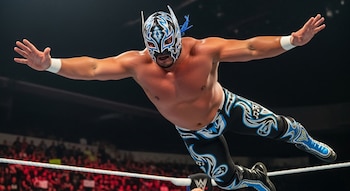 Luchador enmascarado Tempo suspendido en el aire, con los brazos extendidos, sobre un ring de lucha libre con público borroso al fondo.