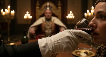 Primer plano de una mano enguantada acercando una copa de vino a los labios de una persona, un monarca en un trono al fondo y velas encendidas.