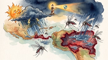 Mapa ilustrado de América con mosquitos Aedes aegypti, nubes de lluvia, un sol, charcos de agua y un faro en la parte superior.